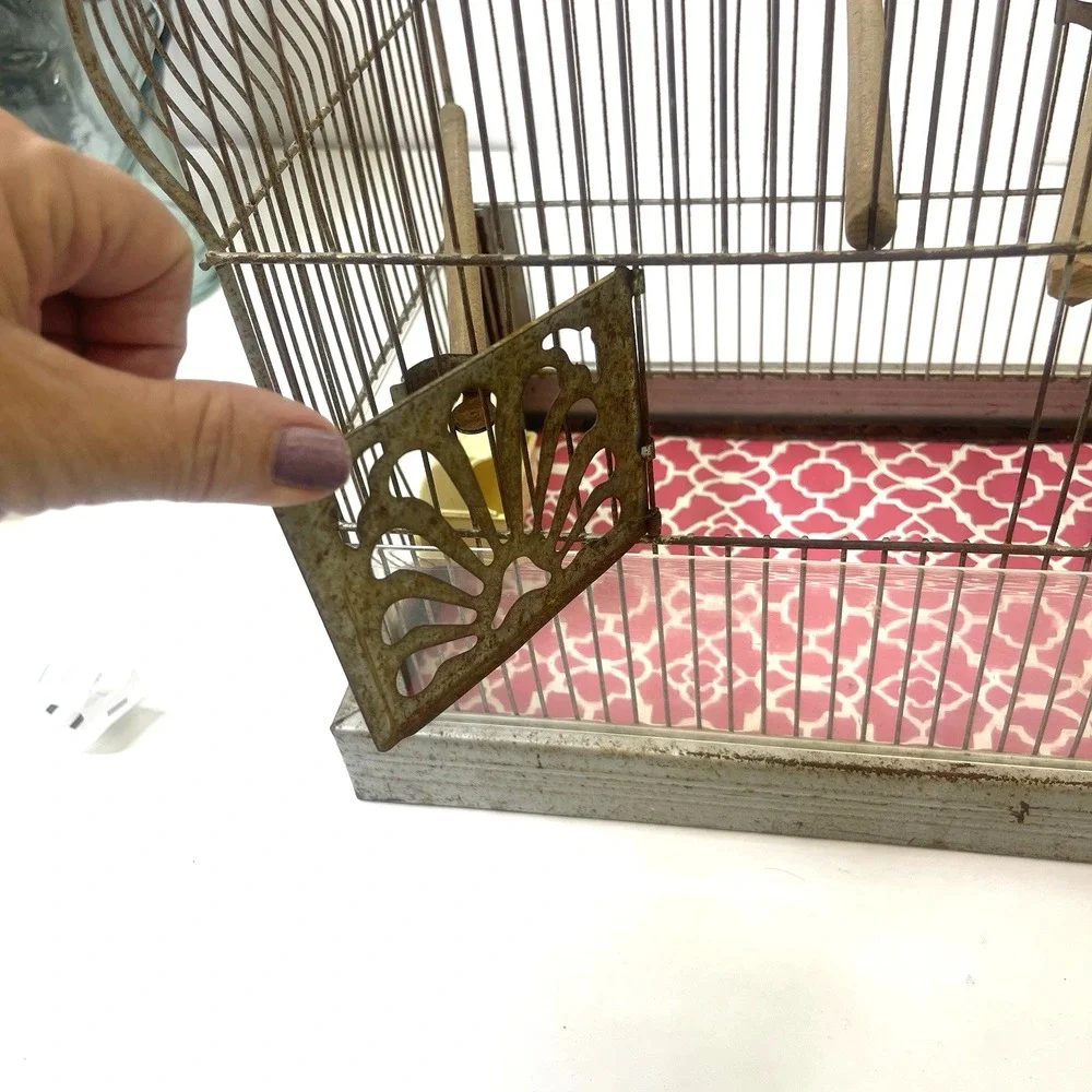 Vintage CROWN Wire Bird Cage w Original Feeder Trays &‎ Slide Tray Hang Hook